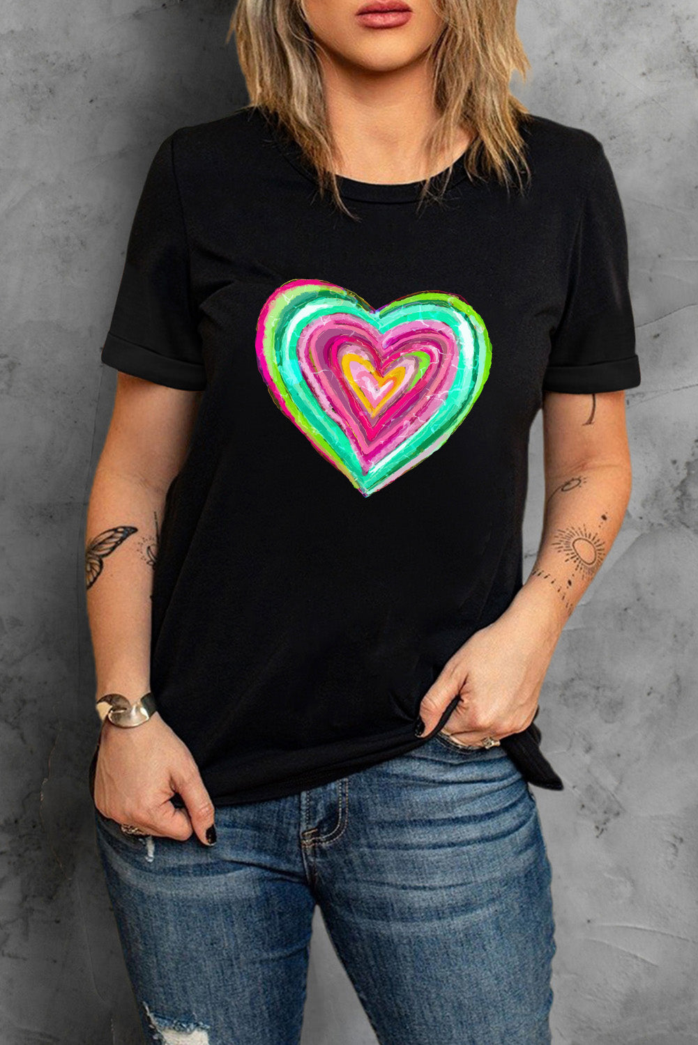 Black Valentine Heart Shaped Print Crew Neck T Shirt Graphic Tees JT's Designer Fashion