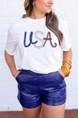 White Sequin USA Graphic Crew Neck Patriotic Tee Graphic Tees JT's Designer Fashion