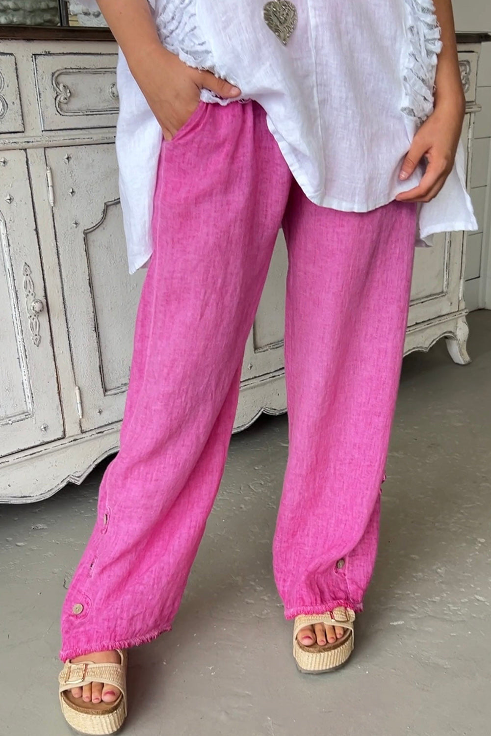 Bright Pink Button Frayed Wide Leg Cotton Linen Pants Bottoms JT's Designer Fashion