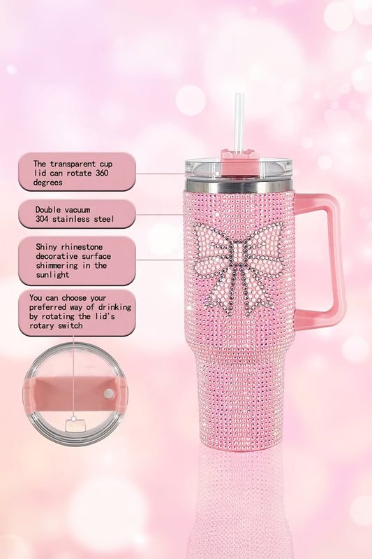 Pink Bow Knot Rhinestone Insulated Portable Cup 40oz Tumblers JT's Designer Fashion