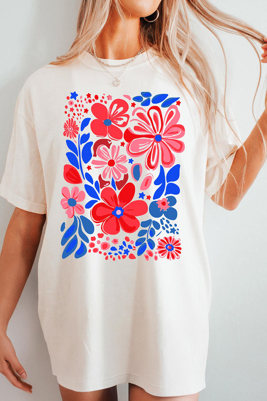 White Floral Print Half Sleeve Round Neck Oversized Tee Graphic Tees JT's Designer Fashion