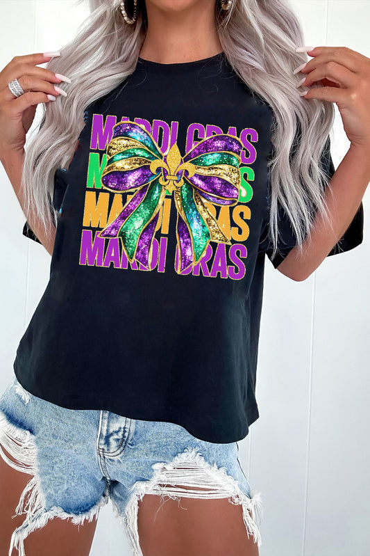 Black MARDI GRAS Fleur de Lis Bowknot Printed Crewneck Tee Graphic Tees JT's Designer Fashion