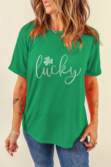 Bright Green Ceramic Rhinestone Lucky Clover Graphic Tee Graphic Tees JT's Designer Fashion
