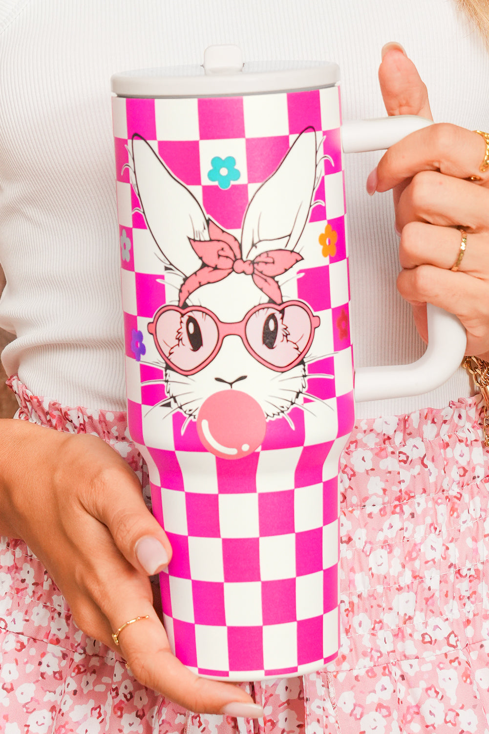 Rose Red Easter Rabbit Flower Checkered Print Large Tumbler 40oz Tumblers JT's Designer Fashion