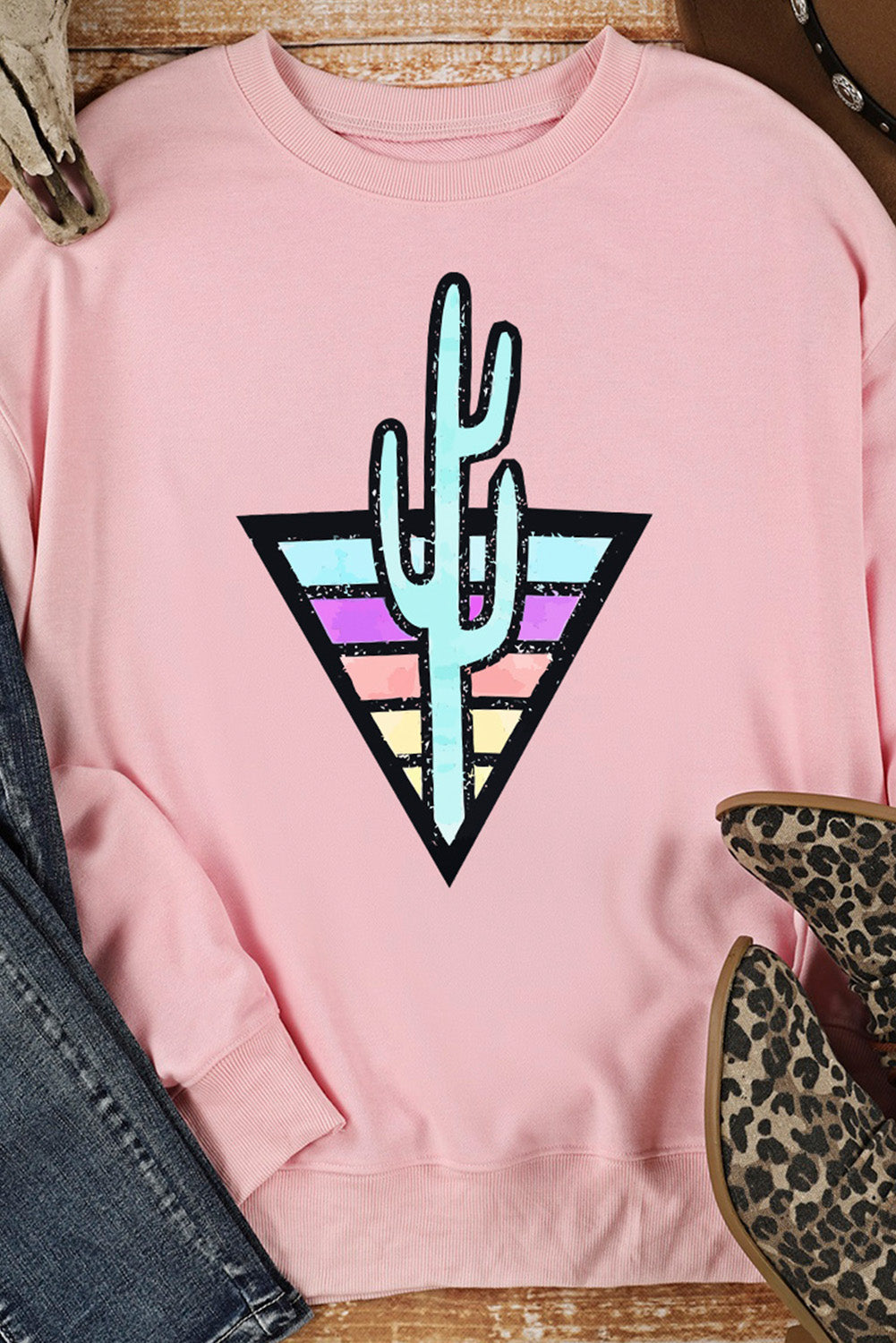 Pink Western Cactus Color Block Pullover Sweatshirt Graphic Sweatshirts JT's Designer Fashion