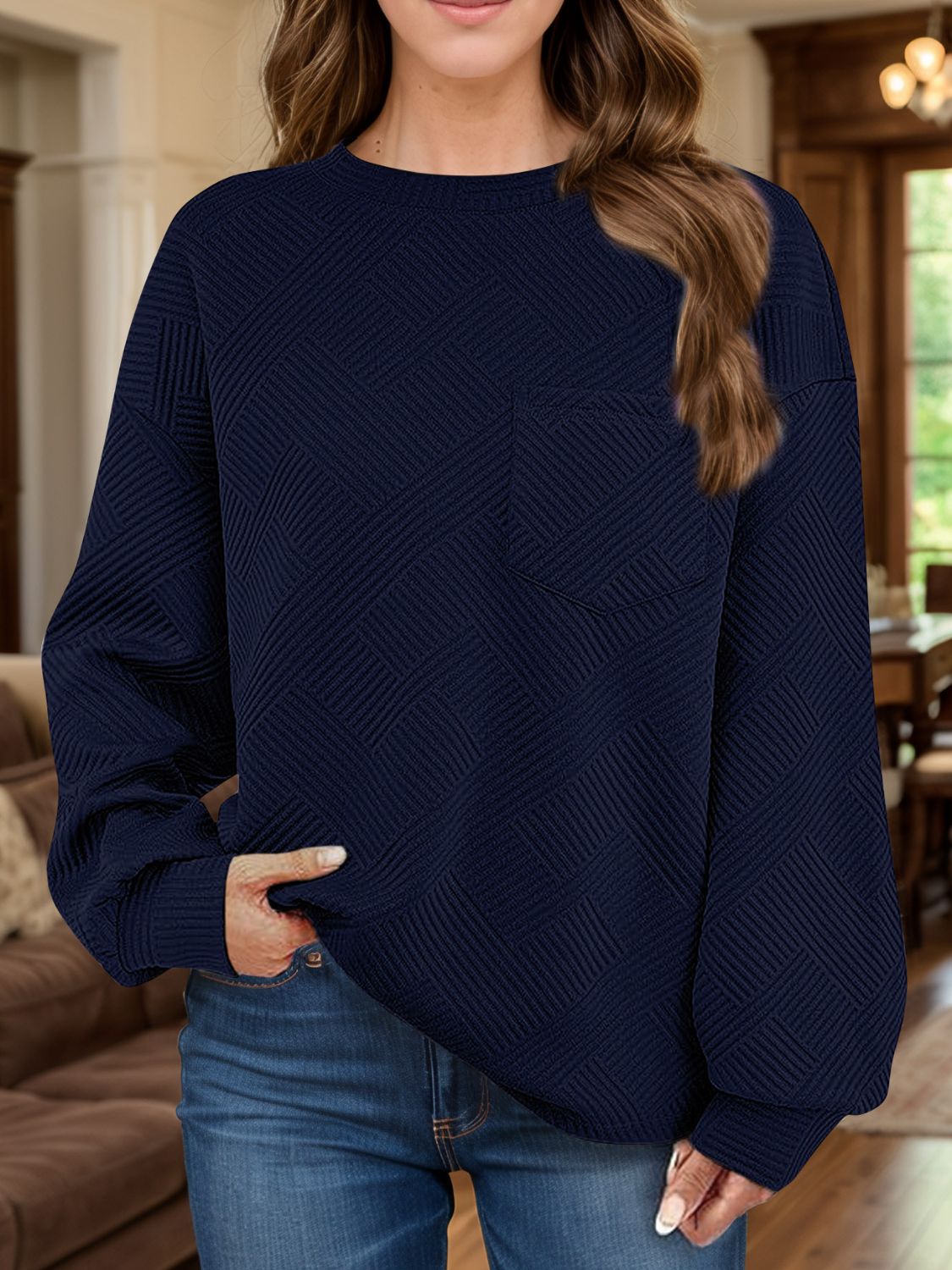 Full Size Texture Round Neck Long Sleeve Sweatshirt Long Sleeve Tops JT's Designer Fashion