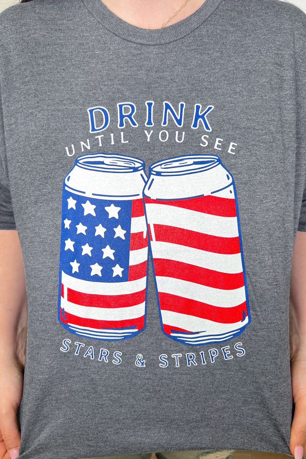 Gray USA Flag Drink Cans Slogan Graphic Tee Graphic Tees JT's Designer Fashion