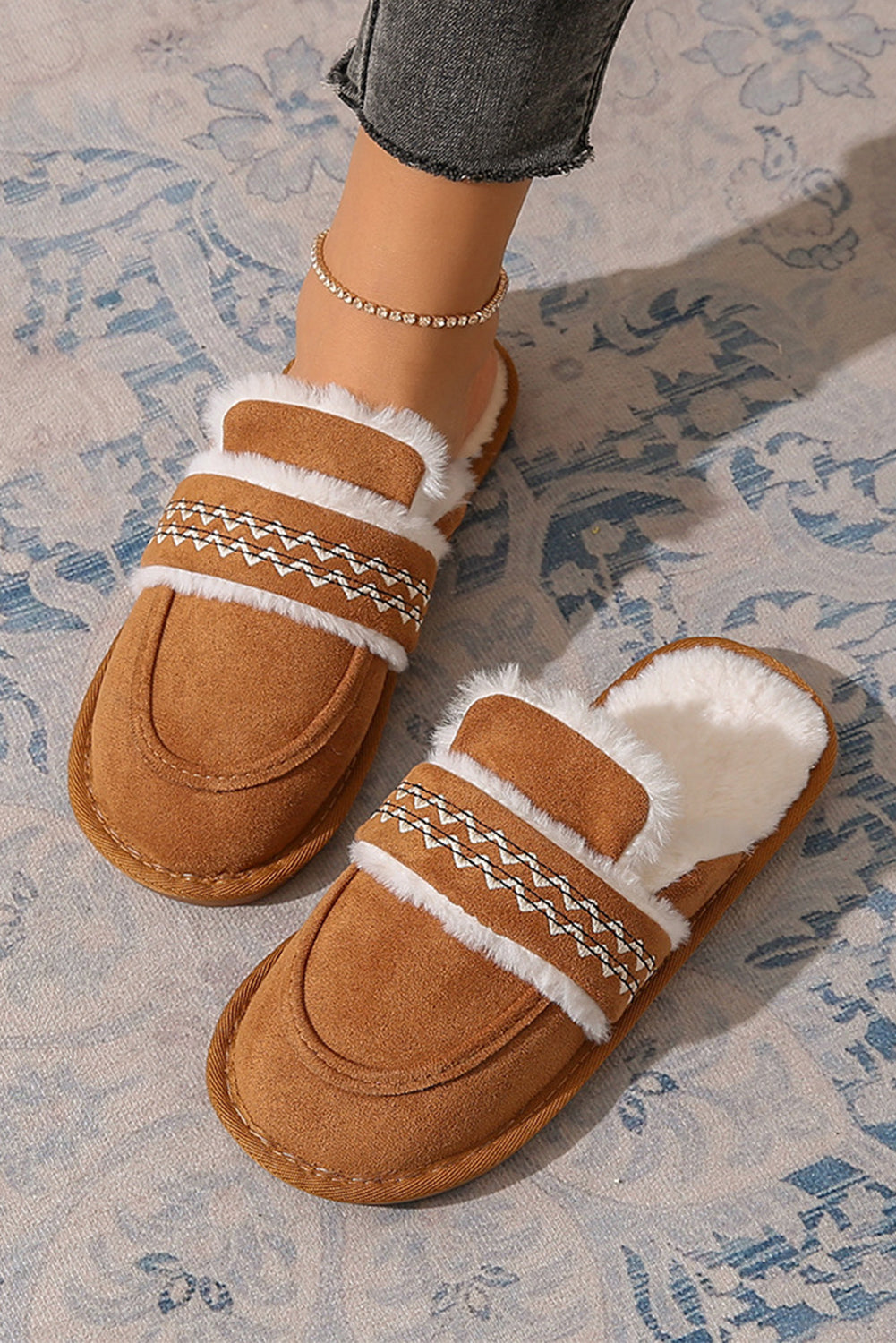 Chestnut Suede Wavy Striped Plush Lined Slippers Slippers JT's Designer Fashion