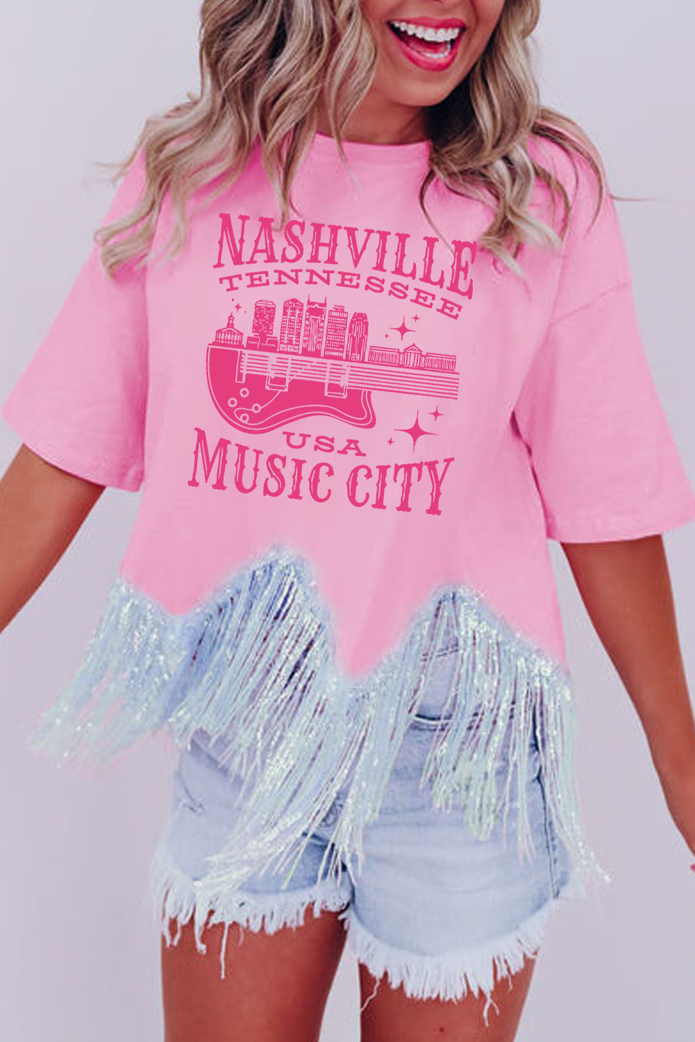 Pink NASHVILE MUSIC CITY Graphic Sequin Fringed Hem Tee Graphic Tees JT's Designer Fashion