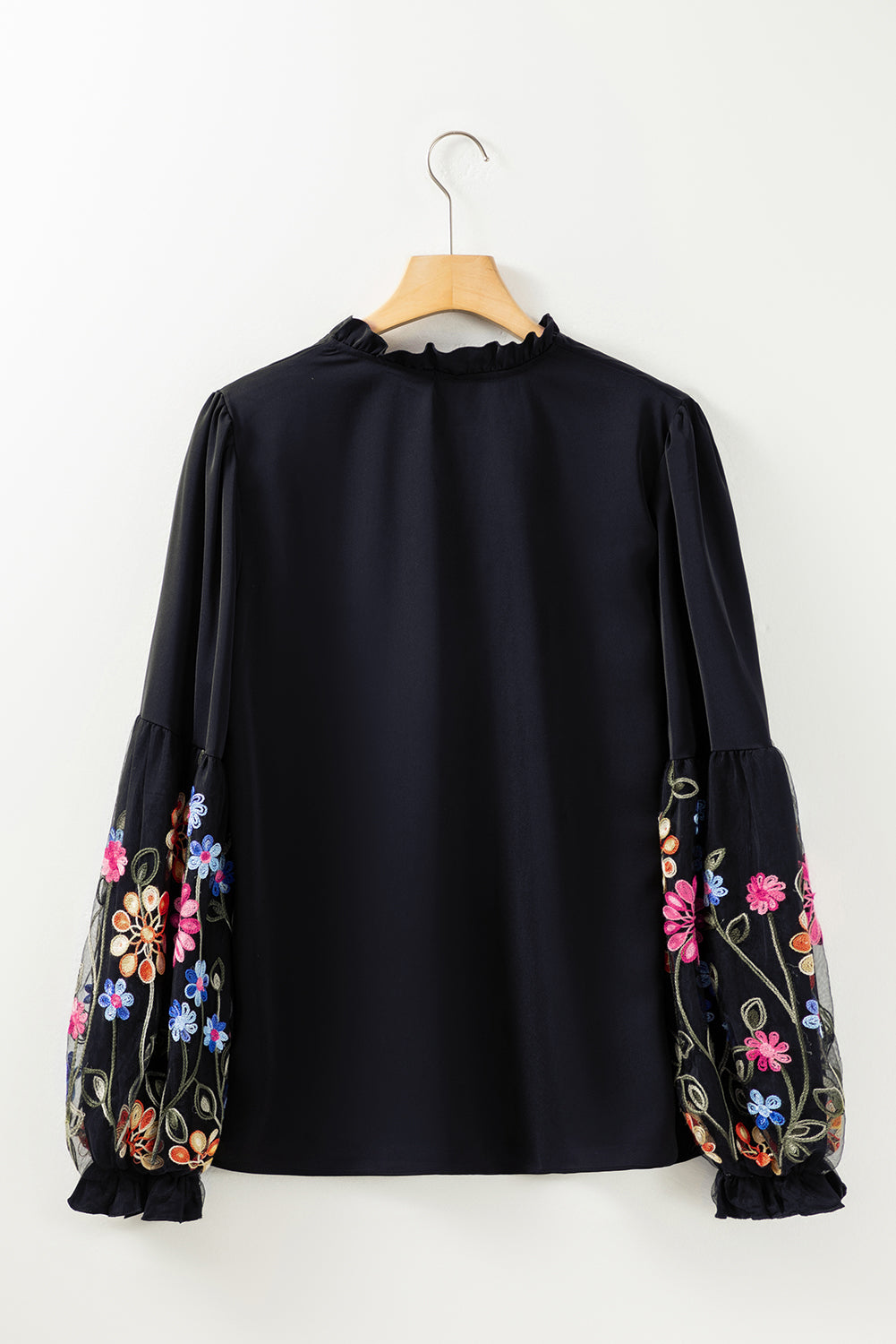 Black Floral Patched Flounce Sleeve Split Neck Blouse Blouses & Shirts JT's Designer Fashion