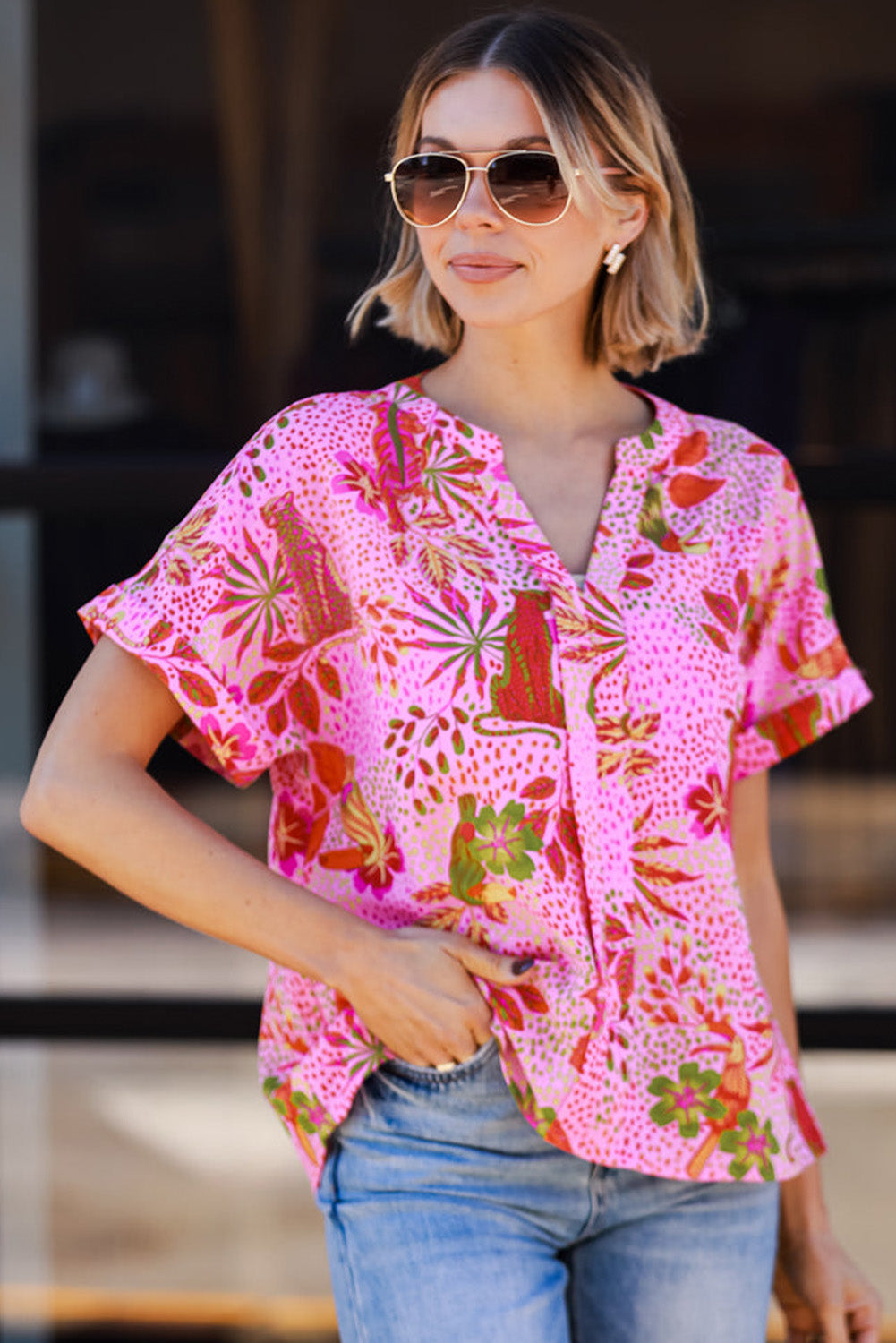 Rose Jungle Floral Print Notch V Neck Blouse Blouses & Shirts JT's Designer Fashion