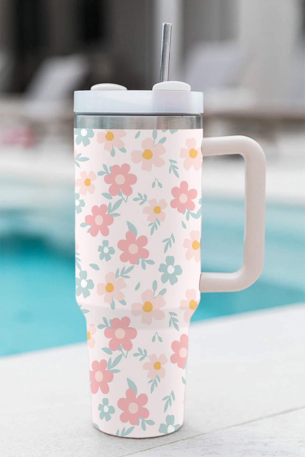 White Floral Pattern Stainless Vacuum Cup with Handle 40oz Tumblers JT's Designer Fashion