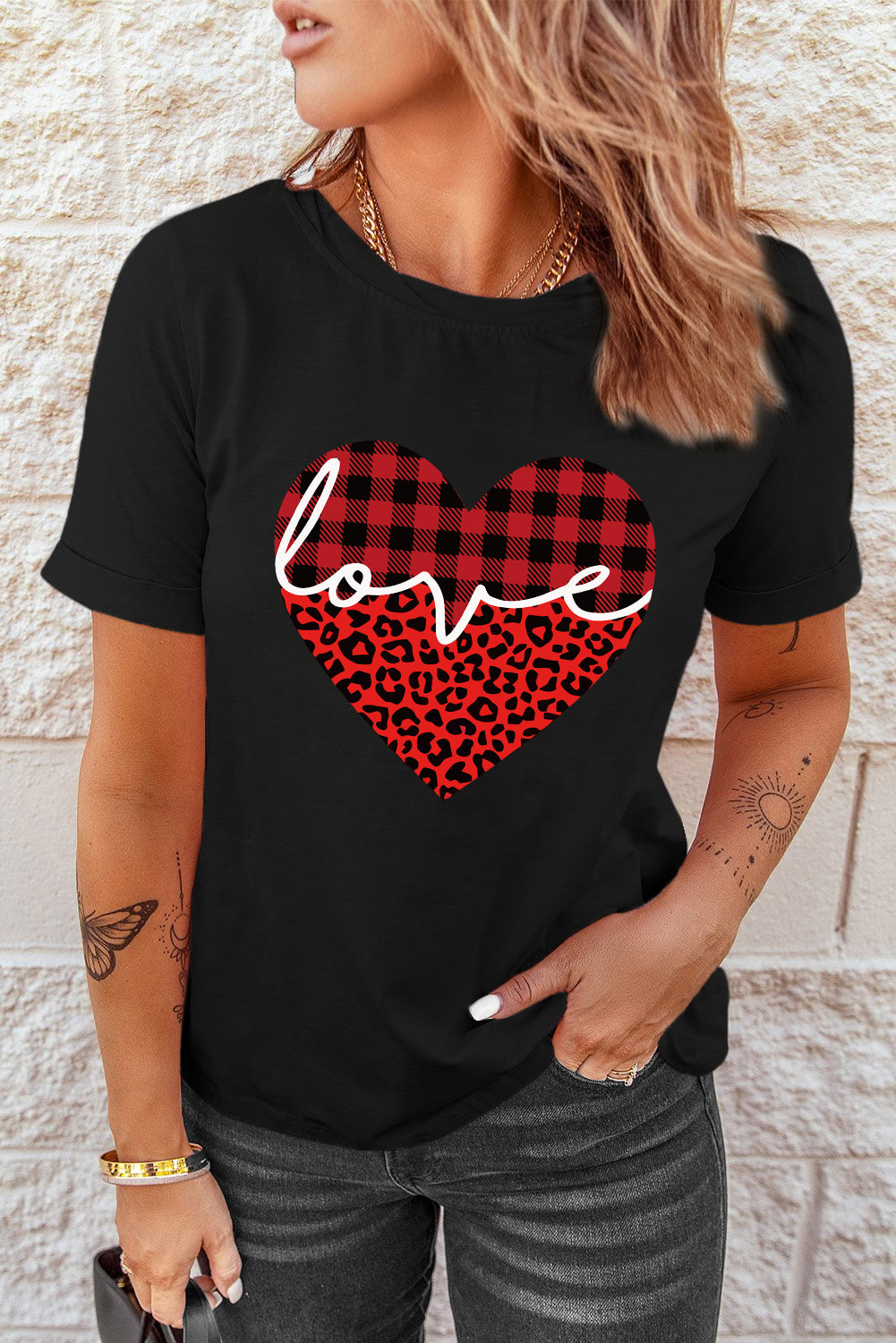 Black Love Leopard Plaid Heart Shaped Crewneck T Shirt Graphic Tees JT's Designer Fashion