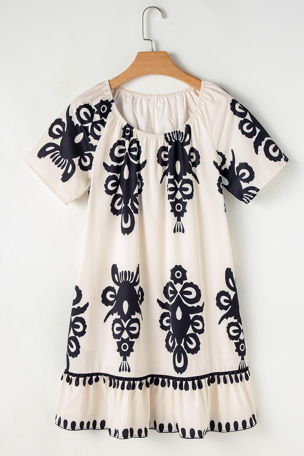 Apricot Western Print Ruffled Short Sleeve Loose Dress Mini Dresses JT's Designer Fashion