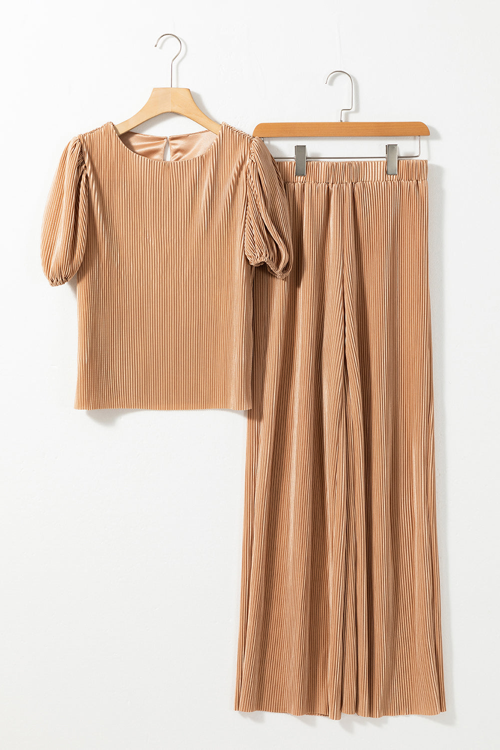 Clay Pleated Bubble Sleeve Top and Wide Leg Pants Set Pant Sets JT's Designer Fashion