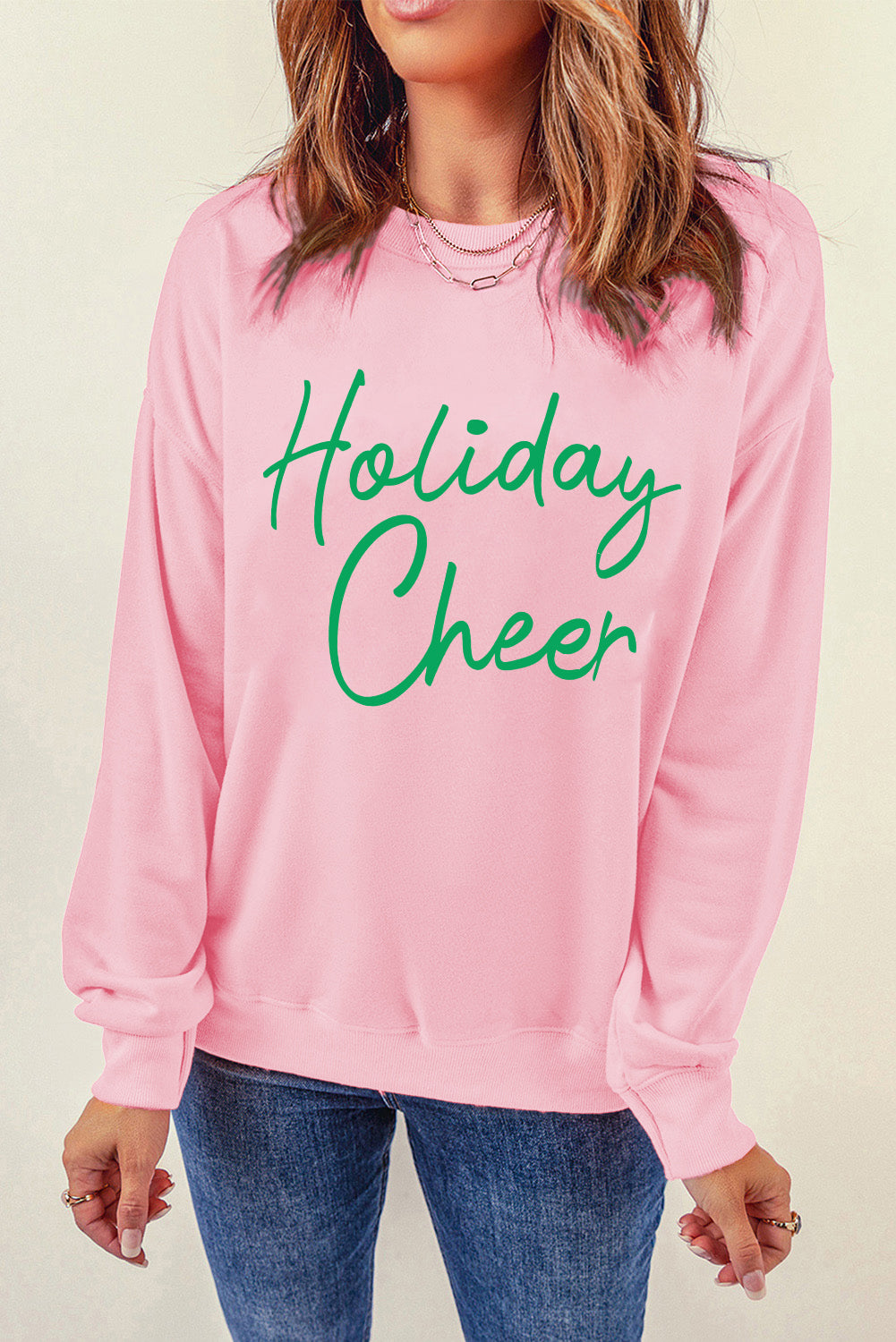 Pink Holiday Cheer Letter Graphic Christmas Slogan Sweatshirt Graphic Sweatshirts JT's Designer Fashion