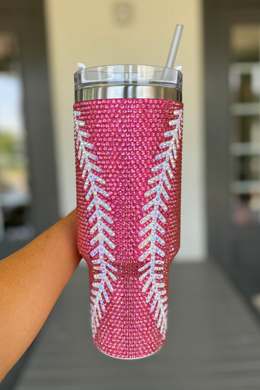 Rose Red Baseball Rhinestone 40 Oz Tumbler with Handle Tumblers JT's Designer Fashion