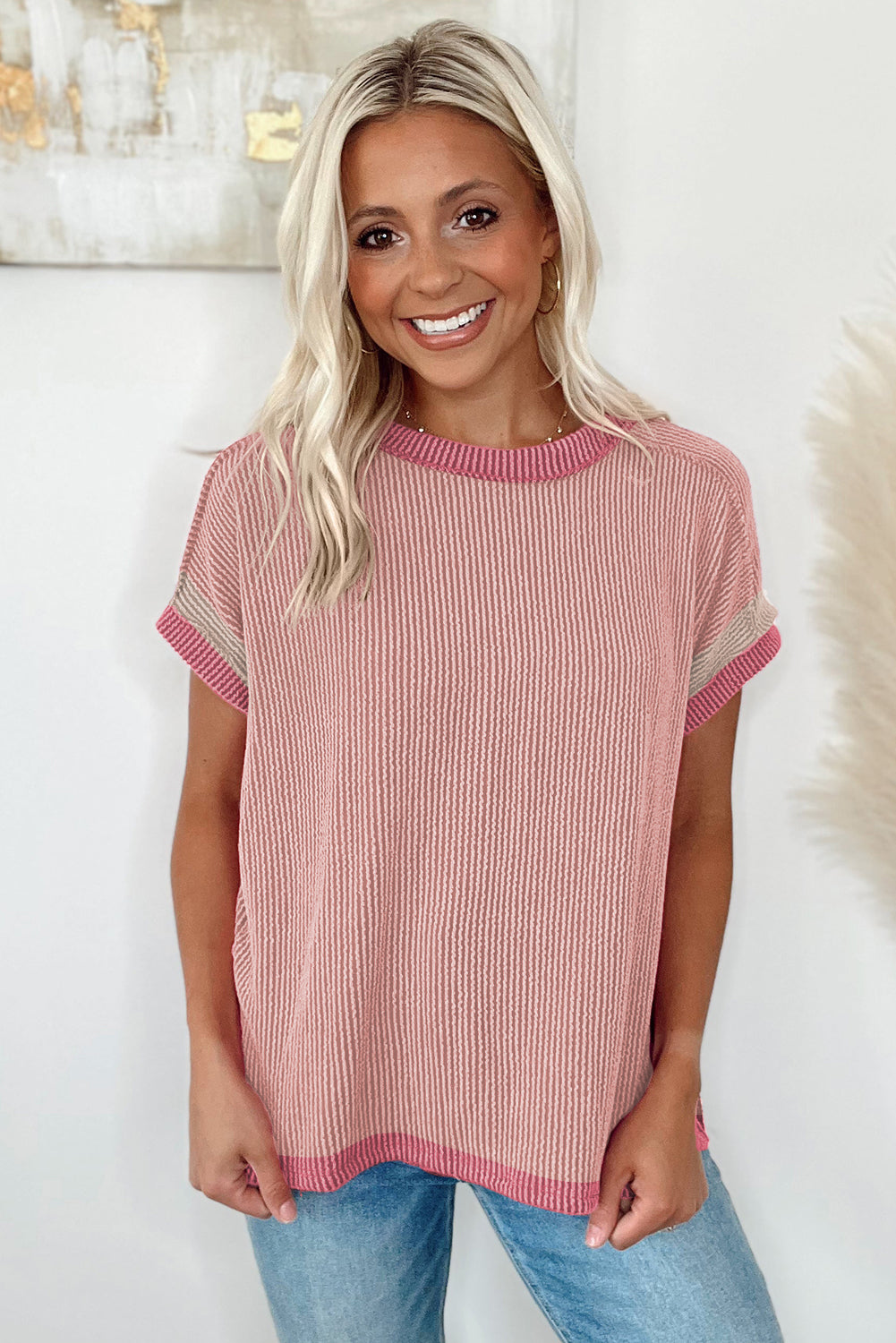 Light Pink Textured Colorblock Round Neck T Shirt Tops & Tees JT's Designer Fashion