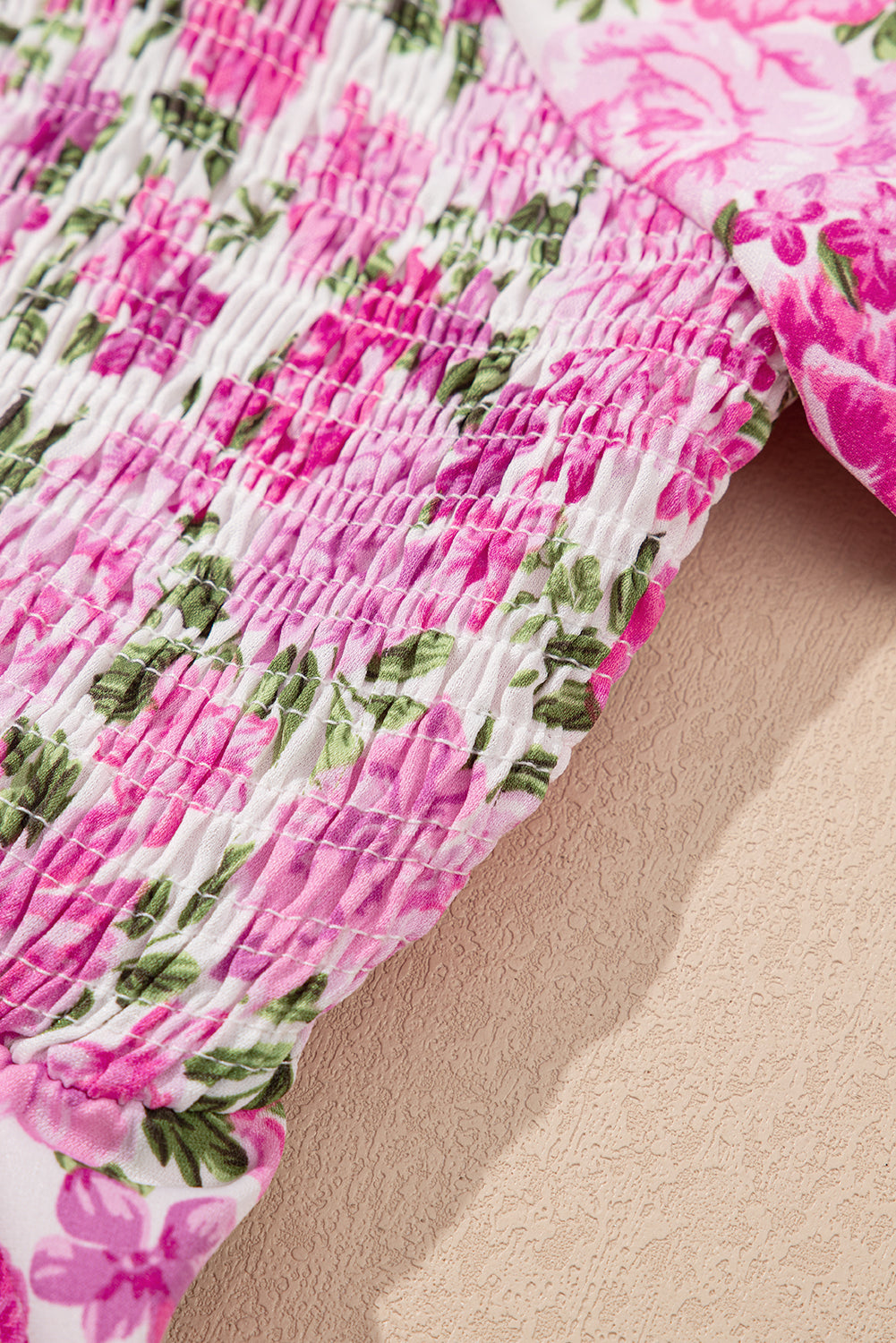 Pink Dainty Floral Smocked Puff Sleeve Flowy Long Dress Maxi Dresses JT's Designer Fashion