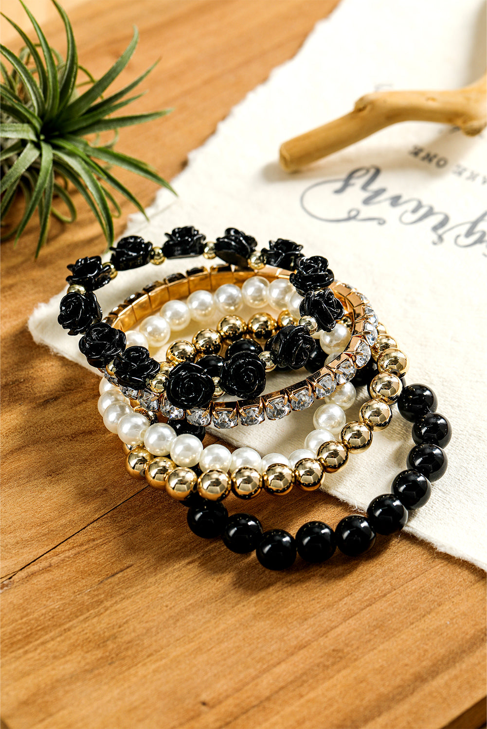 Black Flower Rhinestone Beaded Multi Layer Bracelet Set Jewelry JT's Designer Fashion