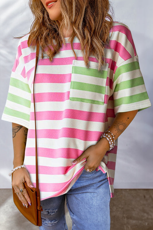 Pink Stripe Contrast Patch Pocket Drop Sleeve T Shirt Tops & Tees JT's Designer Fashion