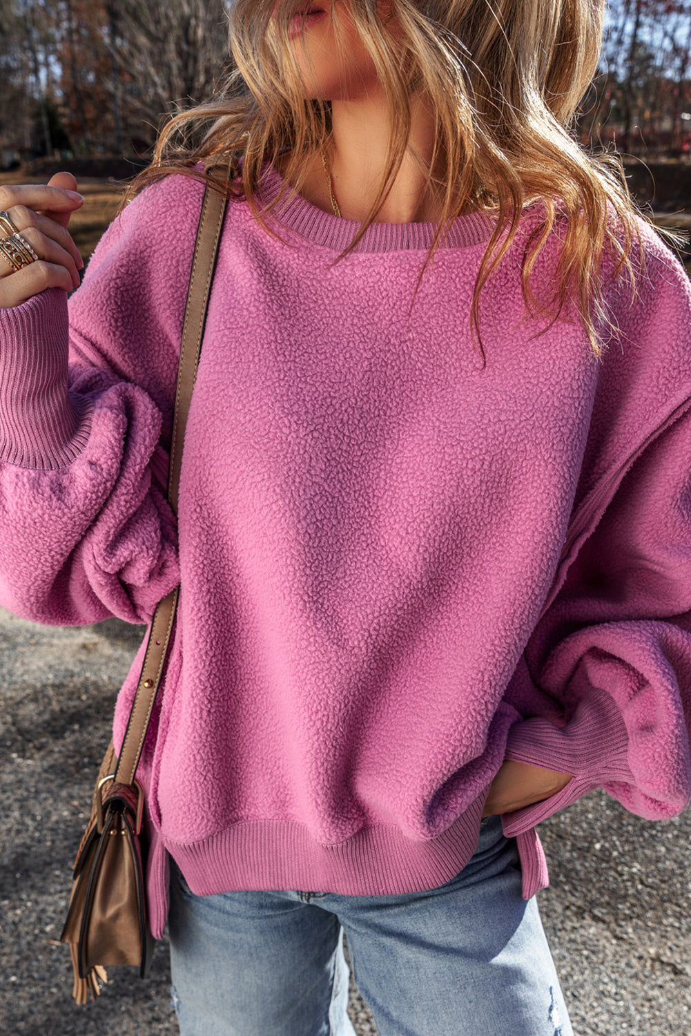 Bright Pink Sherpa Seamed Drop Shoulder Oversized Sweatshirt Sweatshirts & Hoodies JT's Designer Fashion