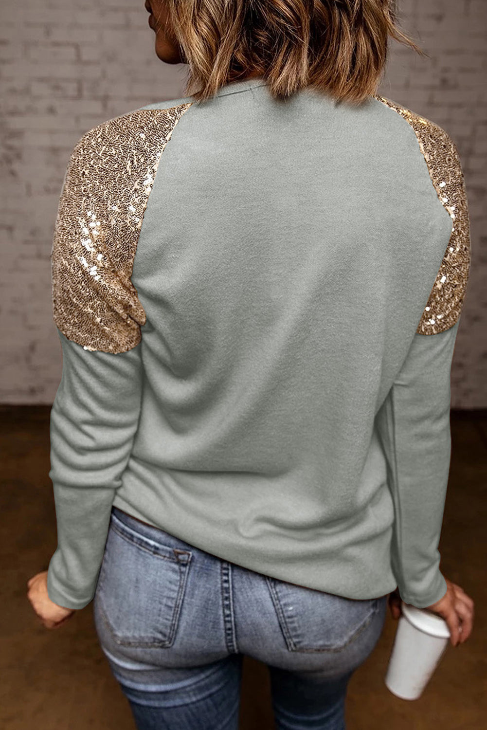 Gray Bunny Hope Print Sequin Patchwork Long Sleeve Sweatshirt Graphic Sweatshirts JT's Designer Fashion