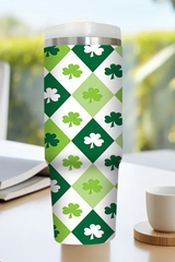 Green Clover Checkered Print Straw Large Tumbler 40oz Tumblers JT's Designer Fashion