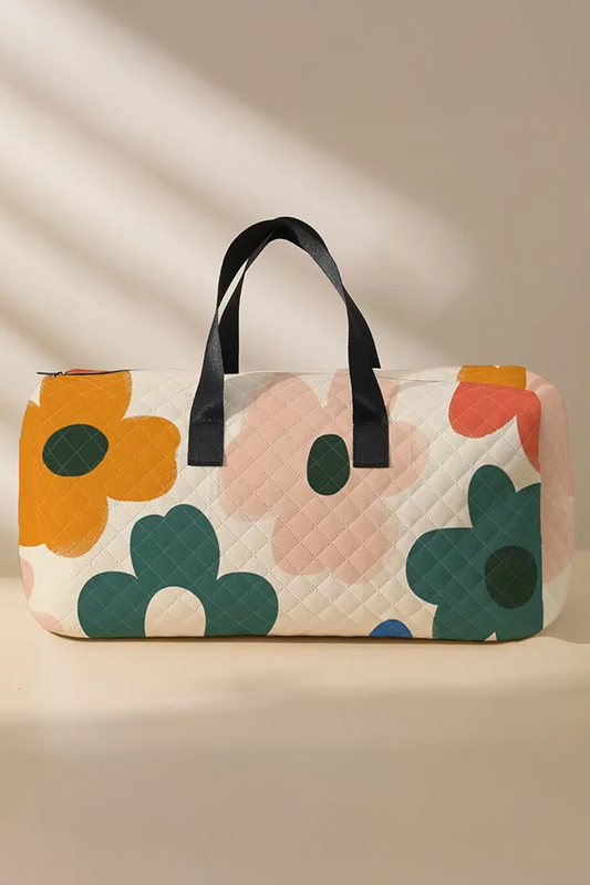 White Flower Print Quilted Large Duffel Bag Handbags JT's Designer Fashion