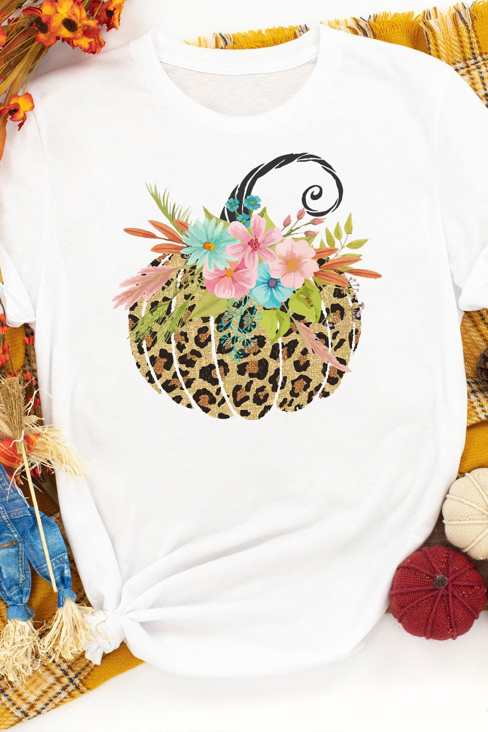 White Floral Leopard Pumpkin Graphic Halloween T Shirt Graphic Tees JT's Designer Fashion