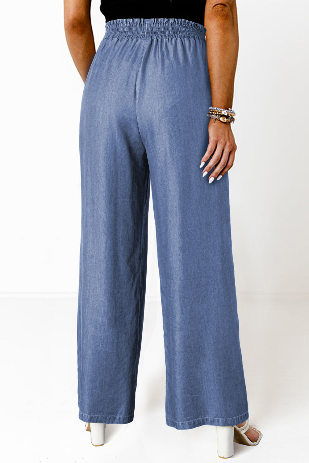 Sky Blue Side Pockets Frilled Smocked High Waist Wide Leg Jeans Bottoms JT's Designer Fashion