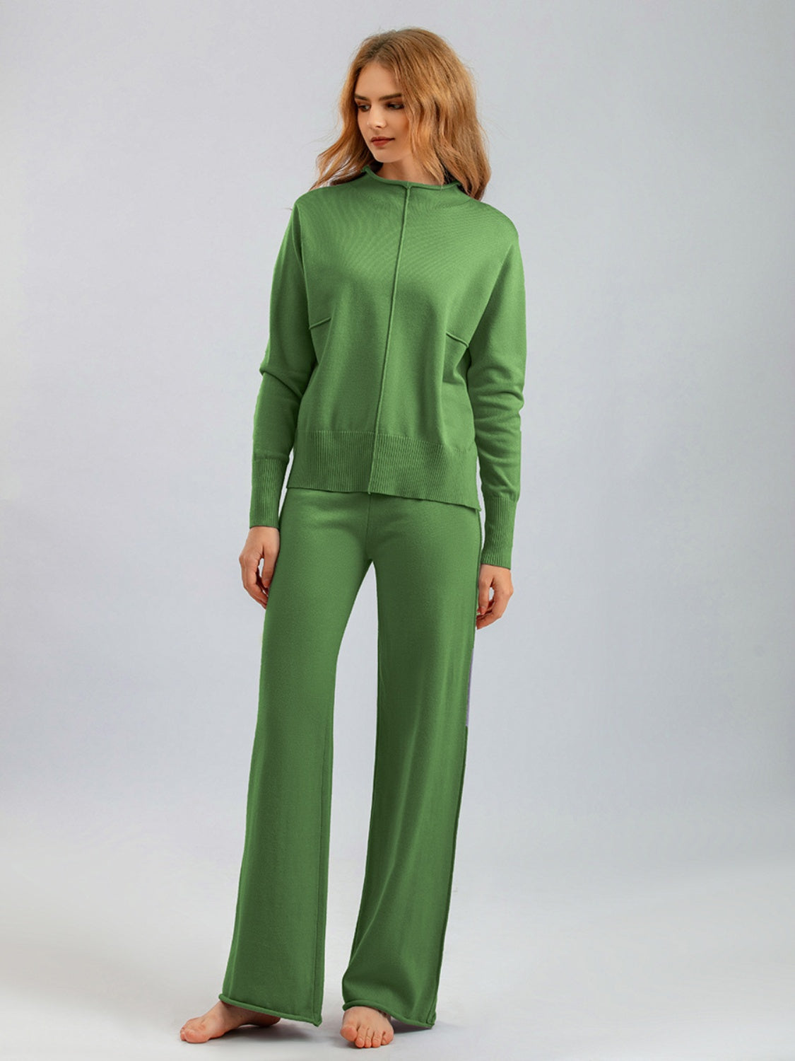 Mock Neck Long Sleeve Top and Pants Sweater Set Green One Size Pant Sets JT's Designer Fashion