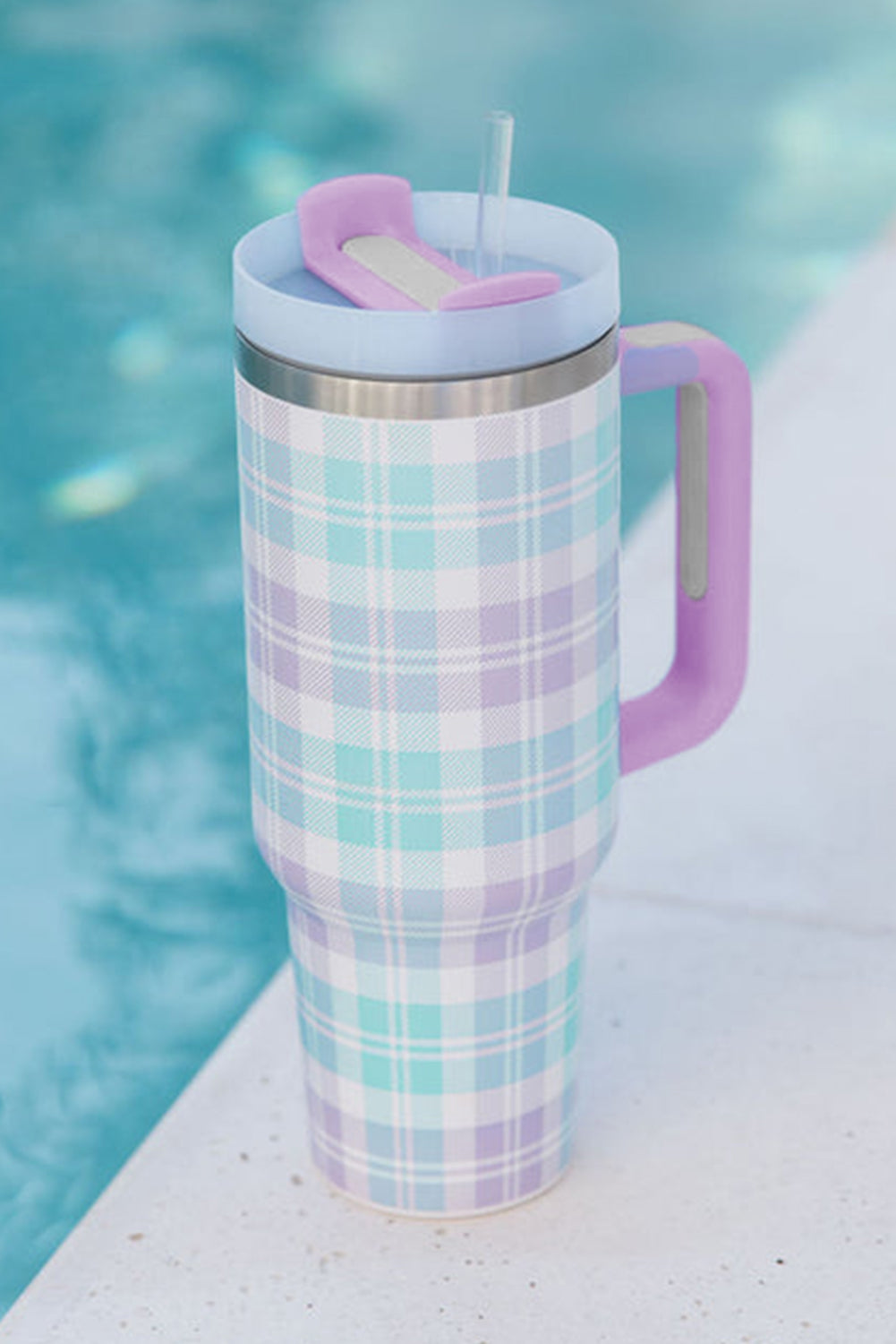 Orchid Petal Plaid Print Handle Large Vacuum Cup 40oz Tumblers JT's Designer Fashion