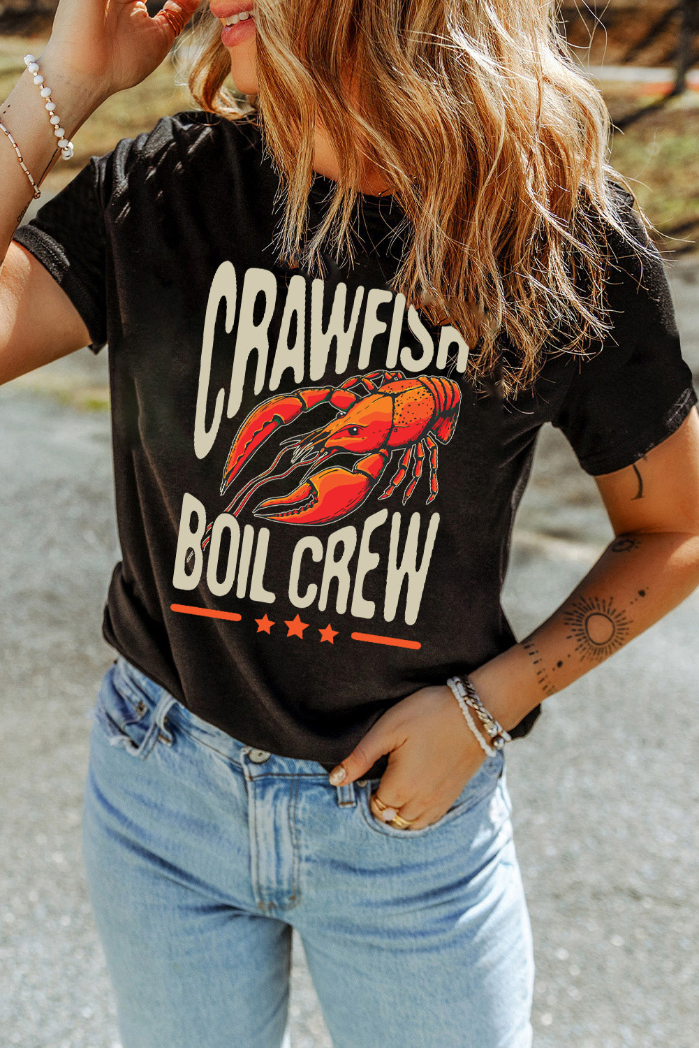 Black CRAWFISH BOIL CREW Graphic Casual T Shirt Graphic Tees JT's Designer Fashion