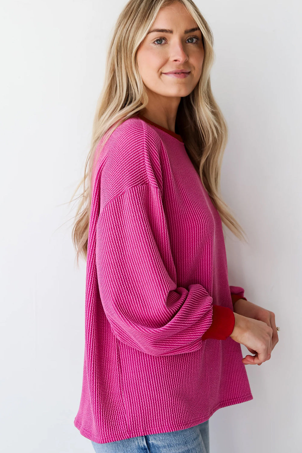 Bright Pink Corded Contrast Edge Drop Shoulder Long Sleeve Top Long Sleeve Tops JT's Designer Fashion