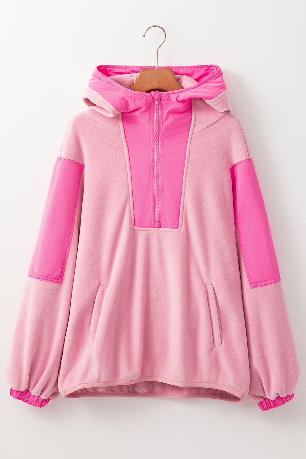 Pink Colorblock Patchwork Half Zip Oversized Sherpa Hoodie Sweatshirts & Hoodies JT's Designer Fashion