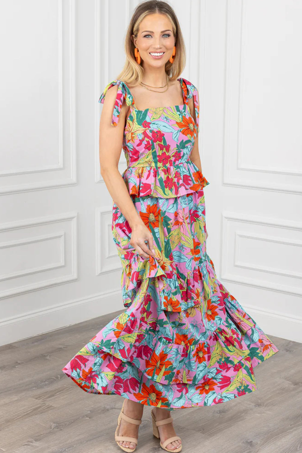 Multicolour Floral Print Shirred Backless Tiered Ruffled Maxi Dress Maxi Dresses JT's Designer Fashion