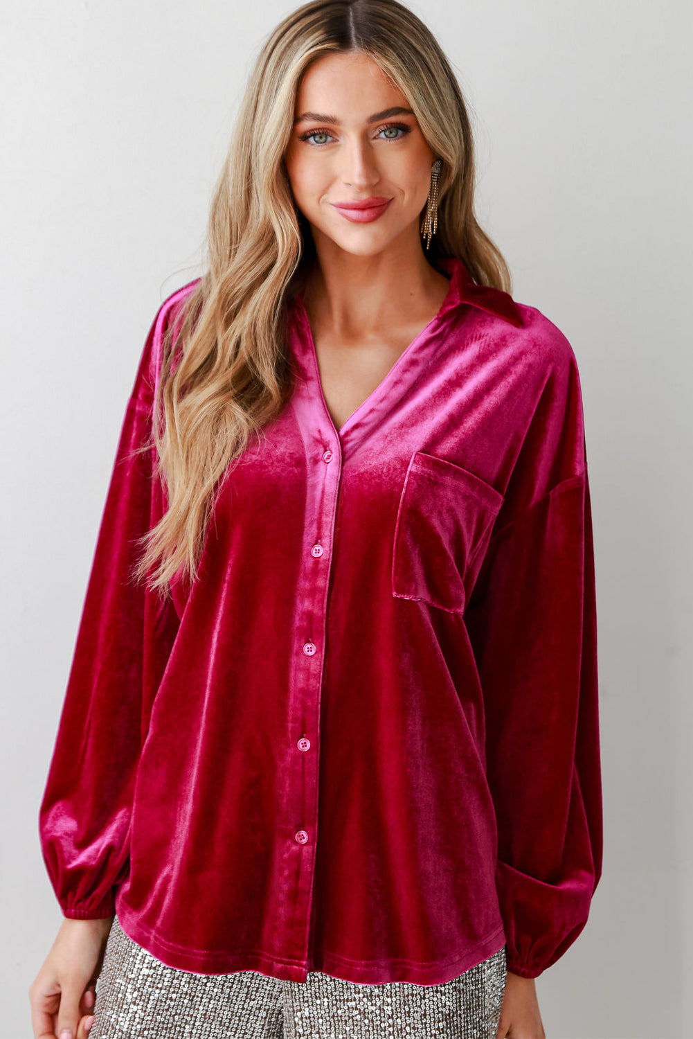 Pitaya Pink Buttoned V Neck Chest Pocket Velvet Shirt Blouses & Shirts JT's Designer Fashion