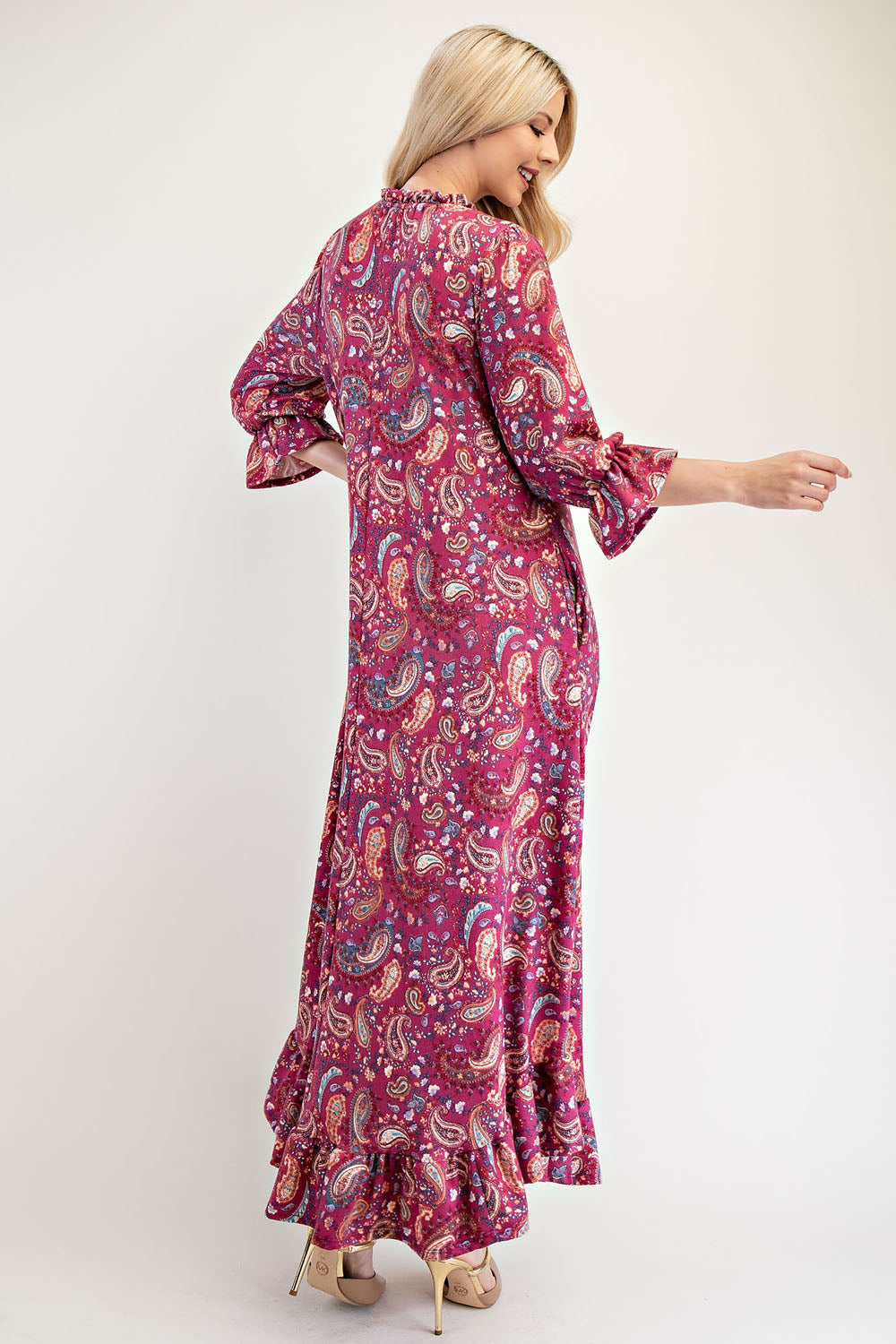 Celeste Full Size Ruffle Hem Paisley Round Neck Dress Maxi Dresses JT's Designer Fashion