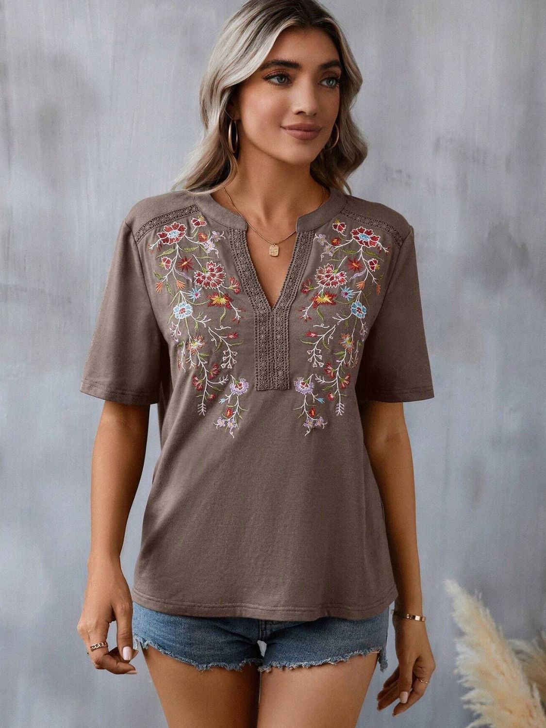 Embroidered Notched Short Sleeve T-Shirt Taupe Blouses & Shirts JT's Designer Fashion