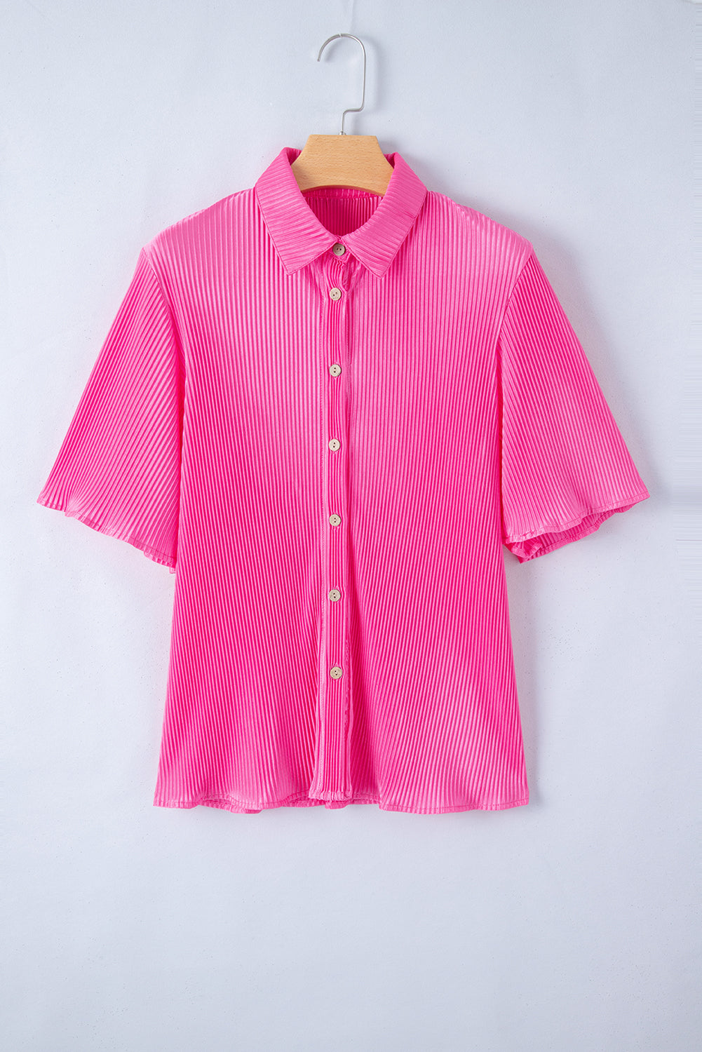 Bright Pink Satin Pleated Short Sleeve Shirt Blouses & Shirts JT's Designer Fashion