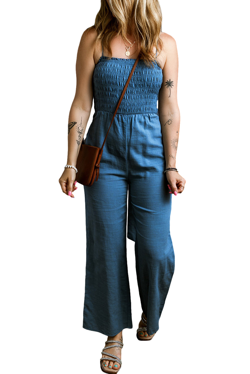 Sky Blue Spaghetti Straps Smocked Bodice Tied Back Wide Leg Jumpsuit Pre Order Bottoms JT's Designer Fashion