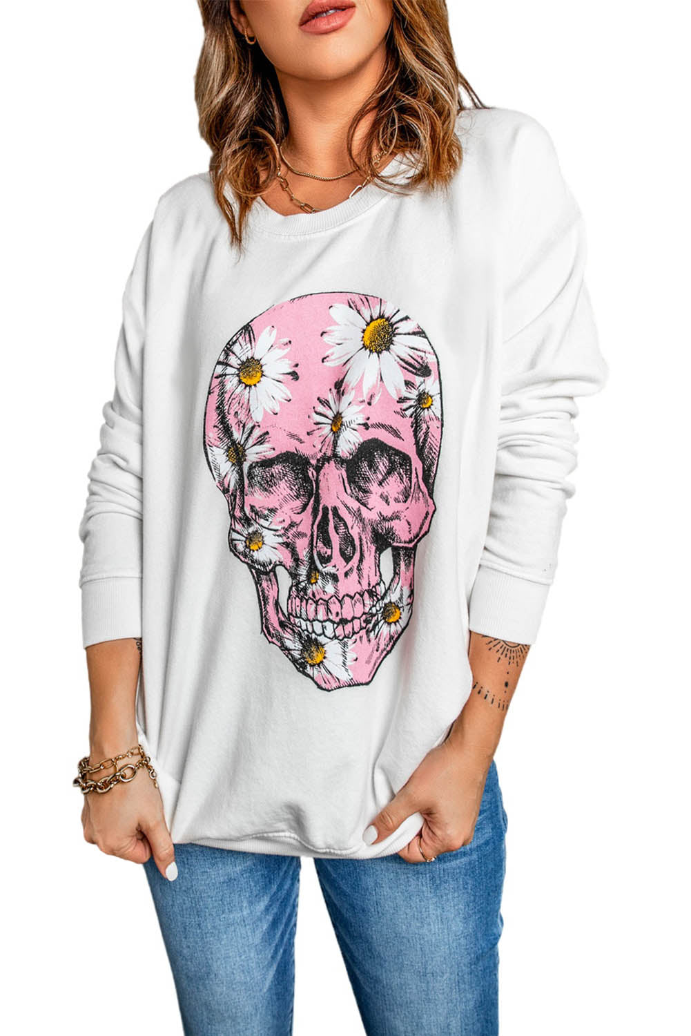 Floral Skull Head Graphic Sweatshirt Graphic Sweatshirts JT's Designer Fashion