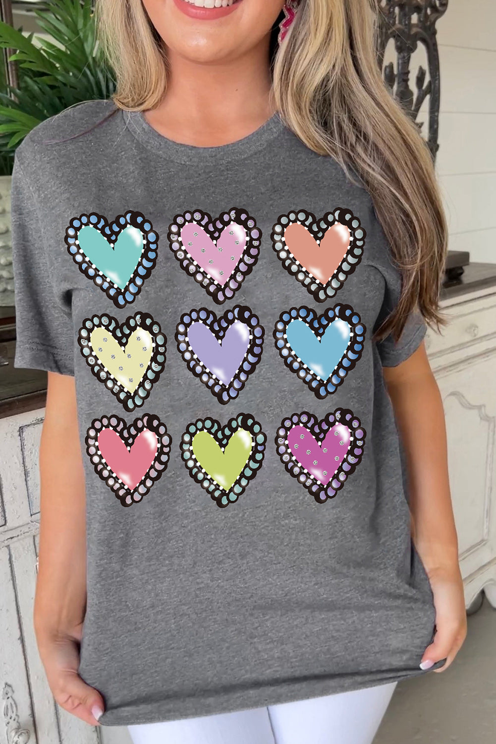 Gray Colorful Heart Shaped Print Crew Neck Casual Tee Graphic Tees JT's Designer Fashion