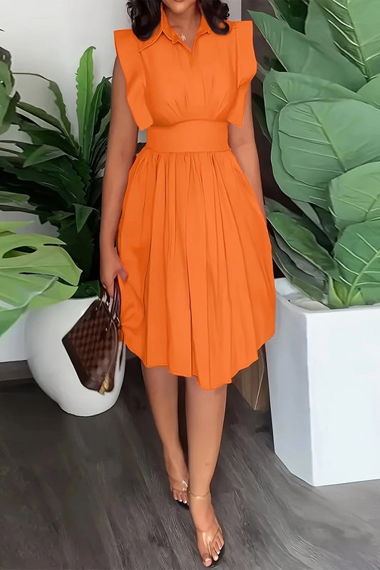 Plus Size Ruffled Collared Neck Cap Sleeve Dress Orange Midi Dresses JT's Designer Fashion