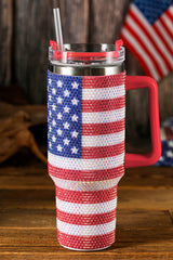 Red Rhinestone American Flag Print Handled 40oz Thermos Tumbler Tumblers JT's Designer Fashion