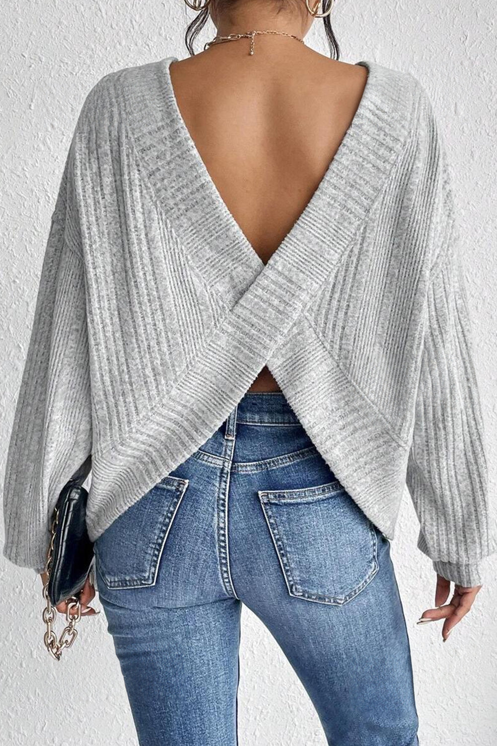 Light Grey Textured Crossover Backless Knit Long Sleeve Top Long Sleeve Tops JT's Designer Fashion