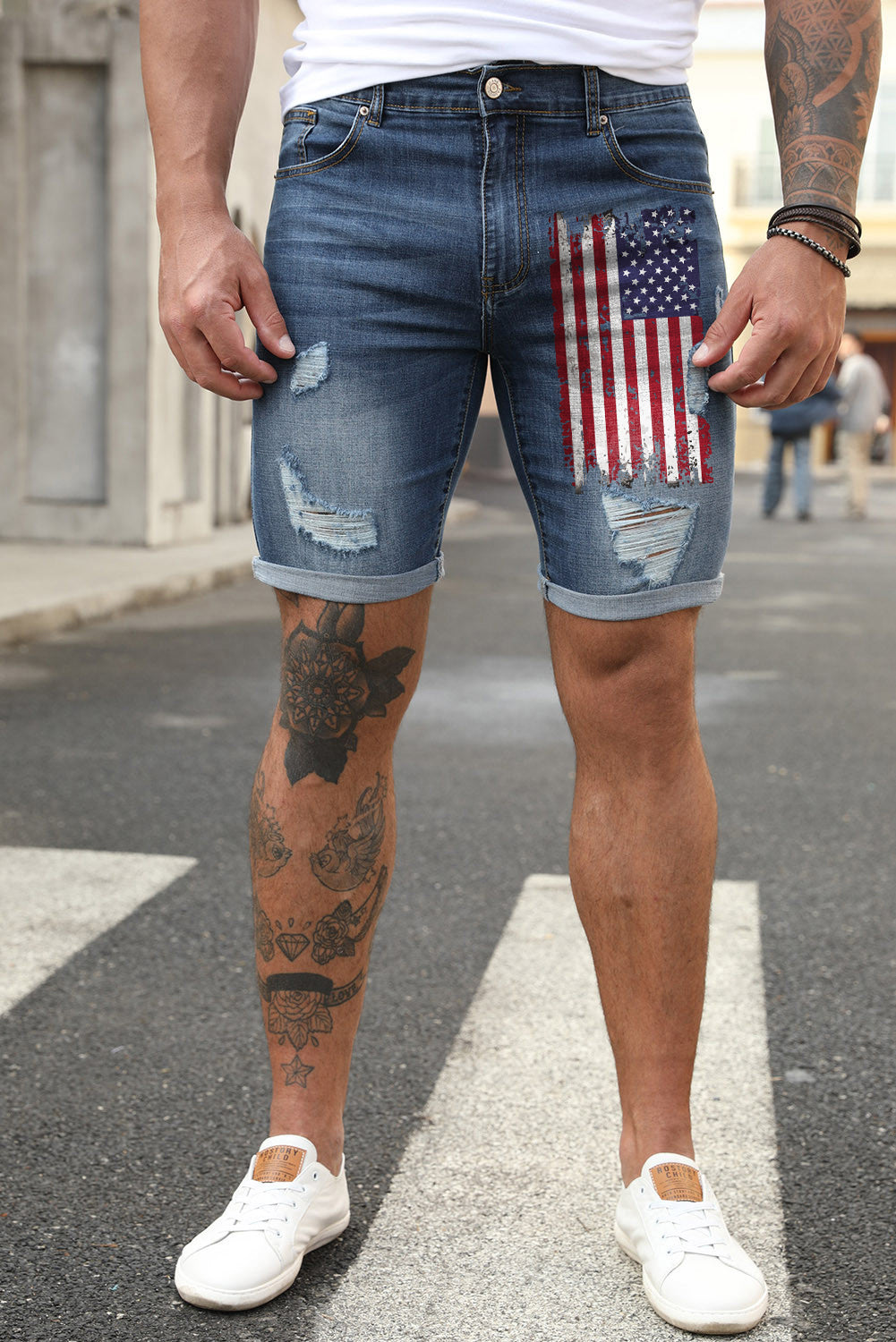 Blue American Flag Print Distressed Skinny Fit Men's Denim Shorts Men's Pants JT's Designer Fashion