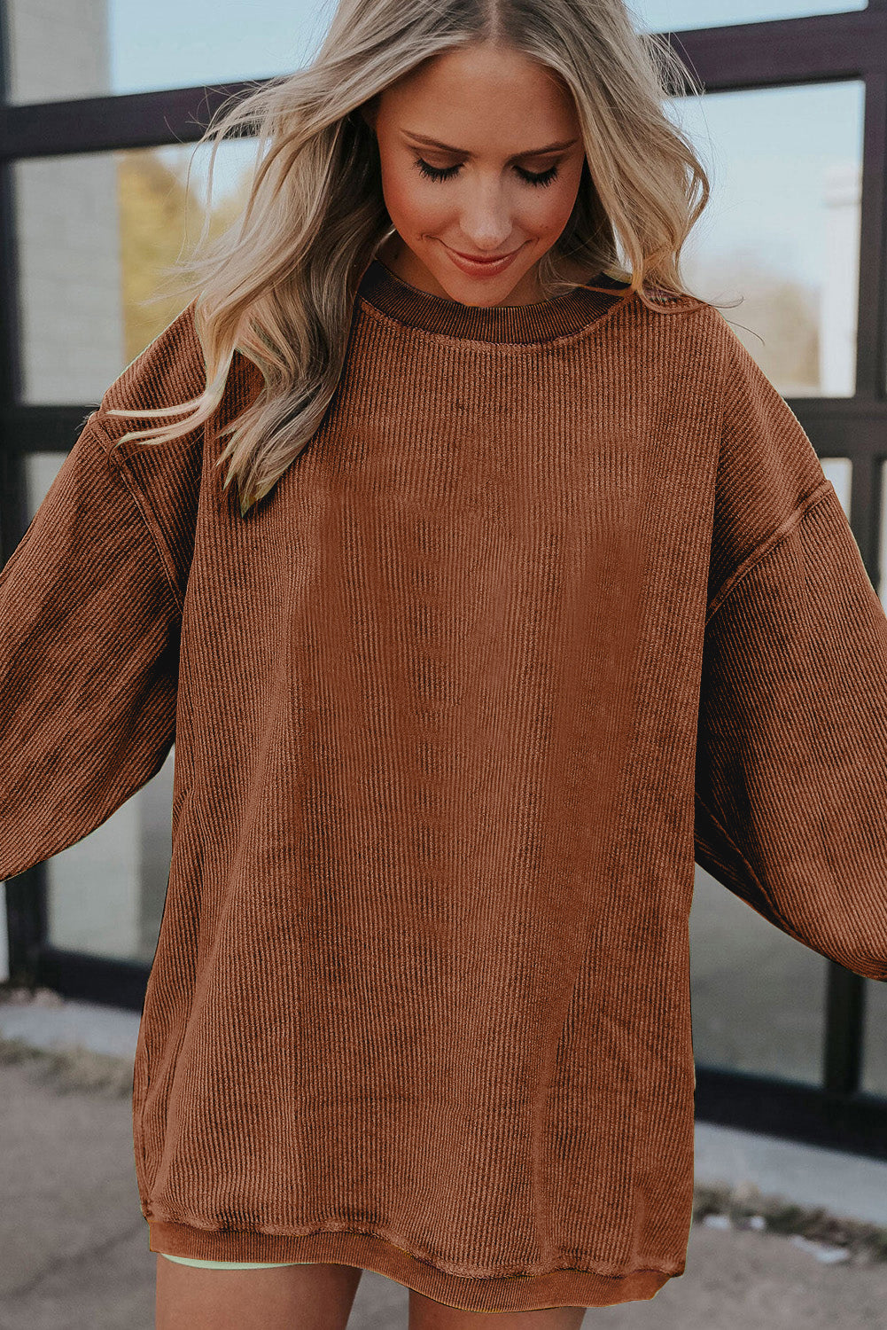 Chestnut Ribbed Corduroy Oversized Sweatshirt Sweatshirts & Hoodies JT's Designer Fashion