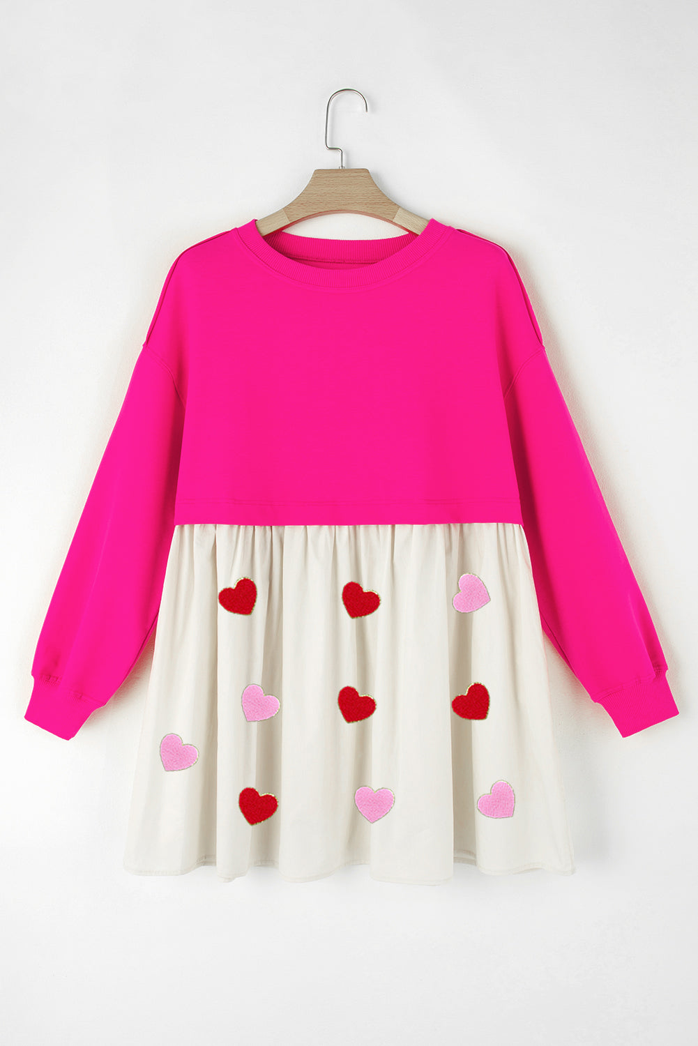 Rose Red Chenille Heart Graphic Patchwork Hem Mini Sweatshirt Dress Graphic Dresses JT's Designer Fashion